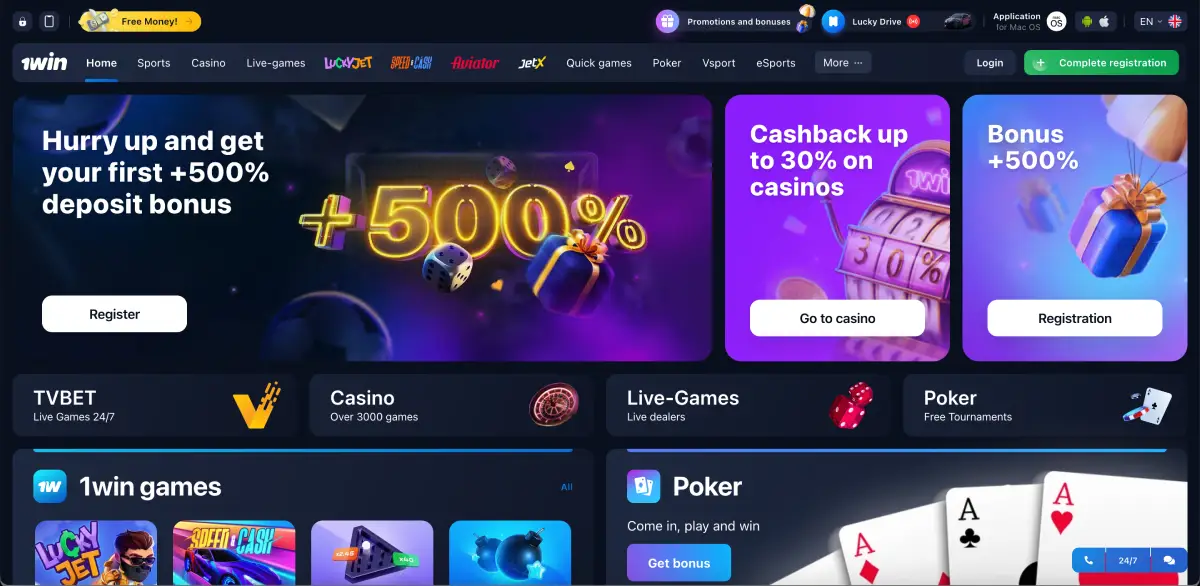 1Win casino official website homepage interface