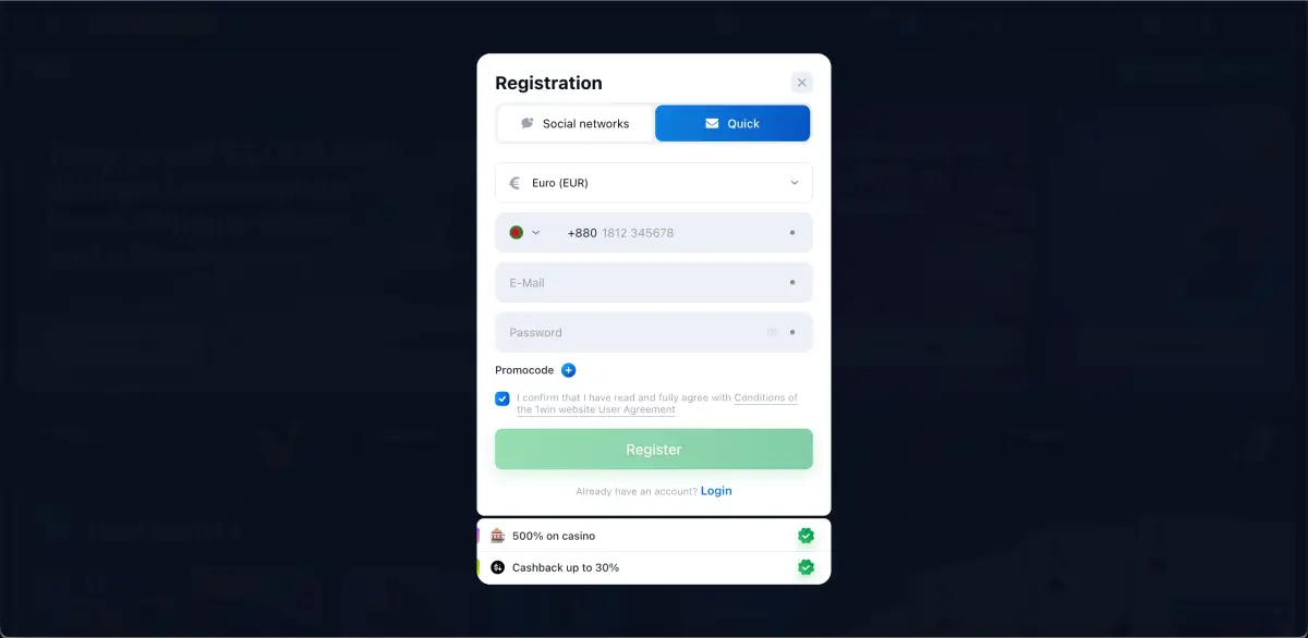 1Win account registration form with multiple sign-up options