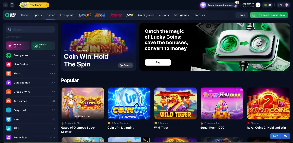 Homepage of Lucky Star casino showing featured slots and crash games