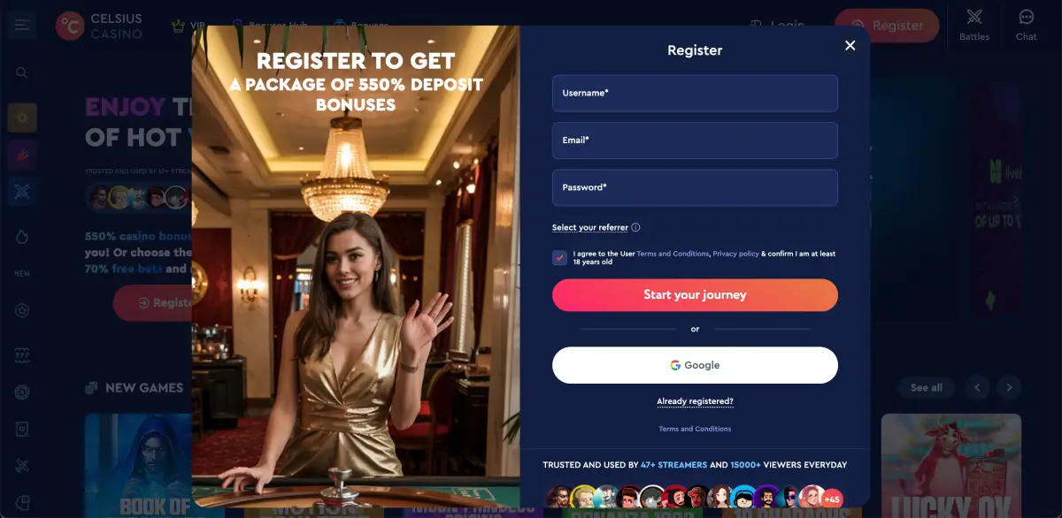 Celsius casino registration form requiring email and password Celsius casino registration form requiring email and password