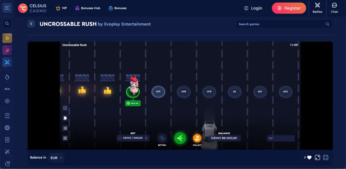 Chicken cross the road game Uncrossable Rush gameplay in Celsius Casino Chicken cross the road game Uncrossable Rush gameplay in Celsius Casino