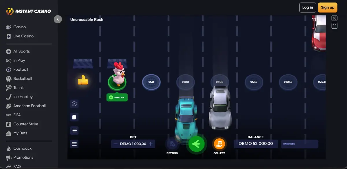 Chicken cross the road game Uncrossable Rush high multiplier in Instant Casino Chicken cross the road game Uncrossable Rush high multiplier in Instant Casino