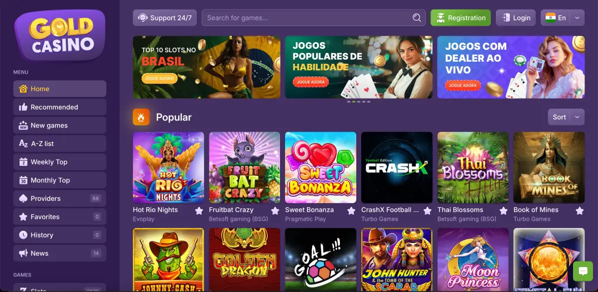 Main lobby of Gold casino with popular crash and slot games