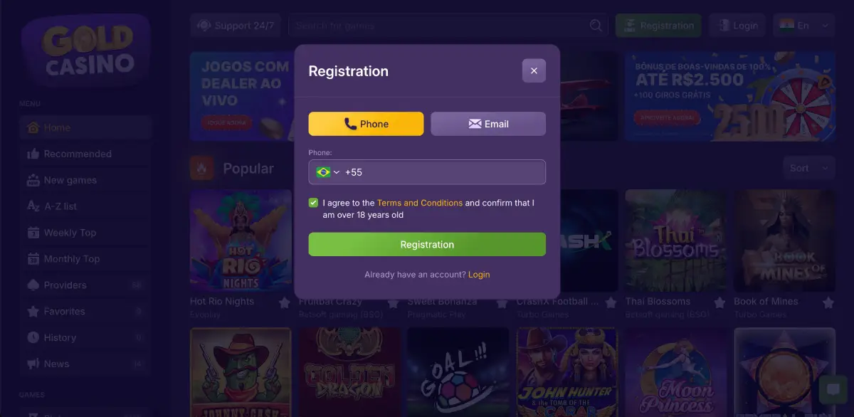 Registration form at Gold casino with country and phone number selection