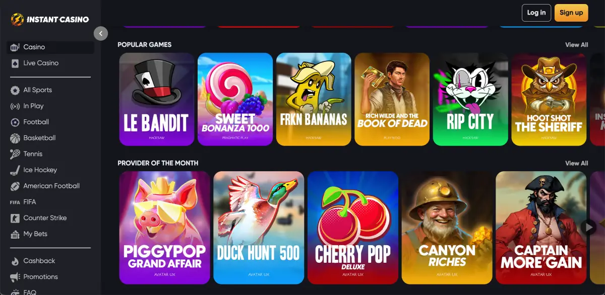 Slot games lobby at Instant Casino featuring Sweet Bonanza and Rip City