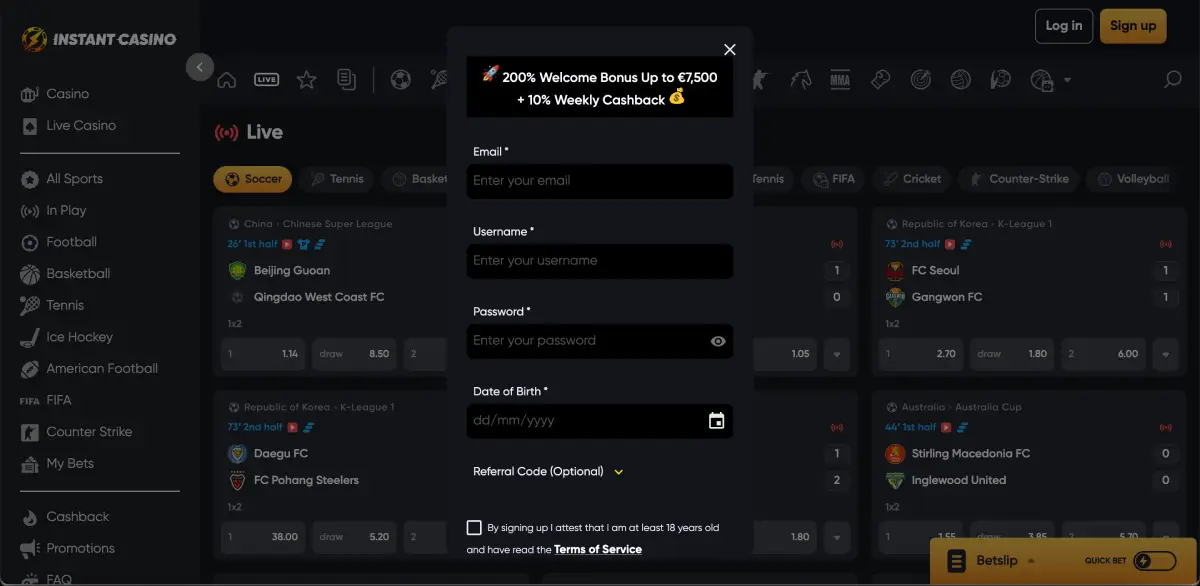 Instant Casino registration form with email and promo code field