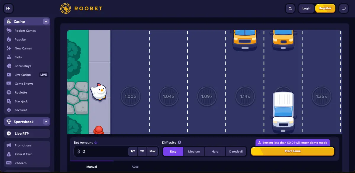 Roobet Chicken Road game interface with multipliers and car lanes Roobet Chicken Road game interface with multipliers and car lanes