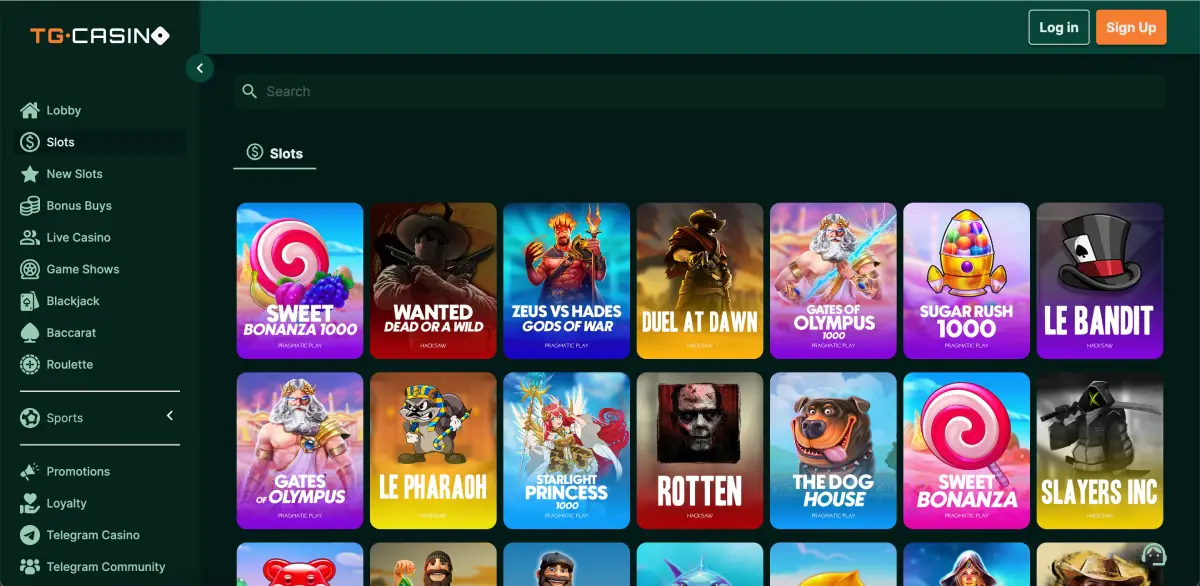 TG Casino slot lobby with popular titles like Sweet Bonanza and Hacksaw games