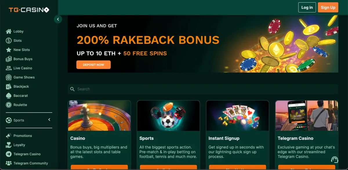 TG Casino homepage with crypto bonus offer and quick access menu