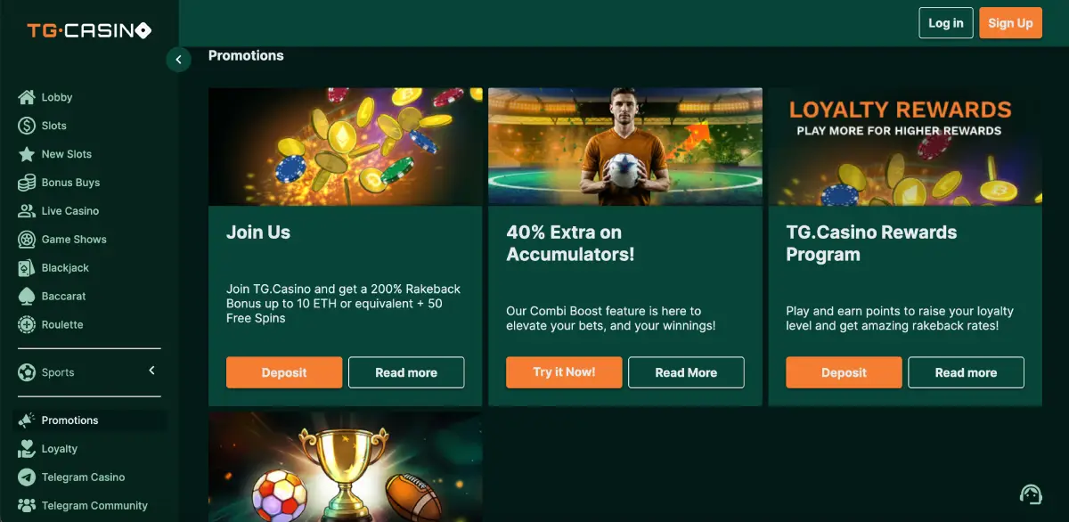 TG Casino promotions section with ETH rakeback and loyalty rewards