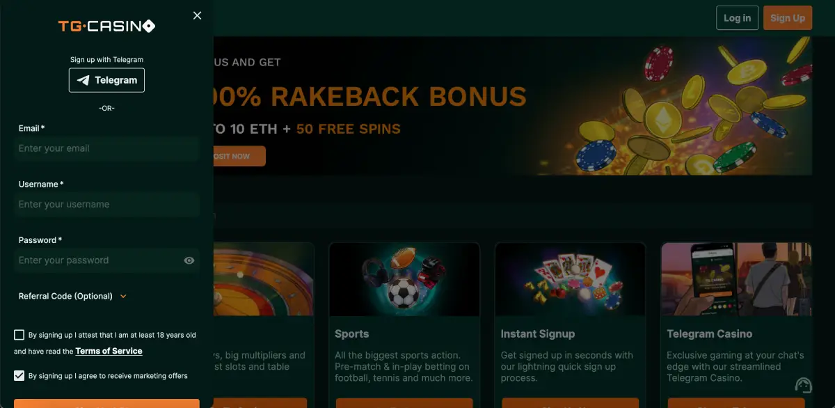 TG Casino registration screen with Telegram login and manual sign-up