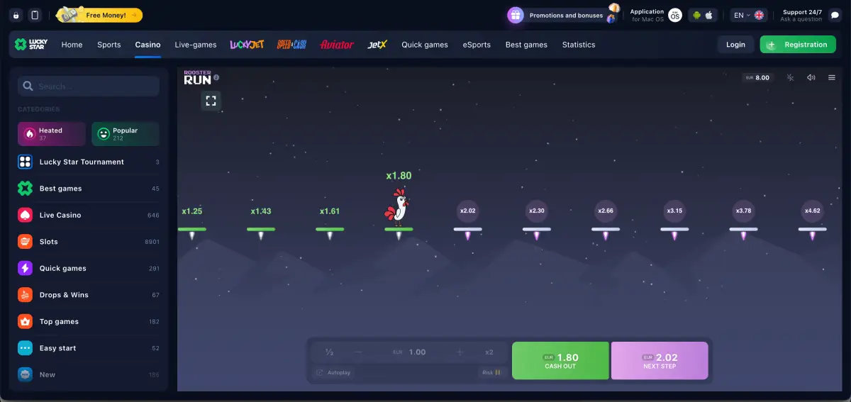 Rooster avatar customization screen with different character outfits