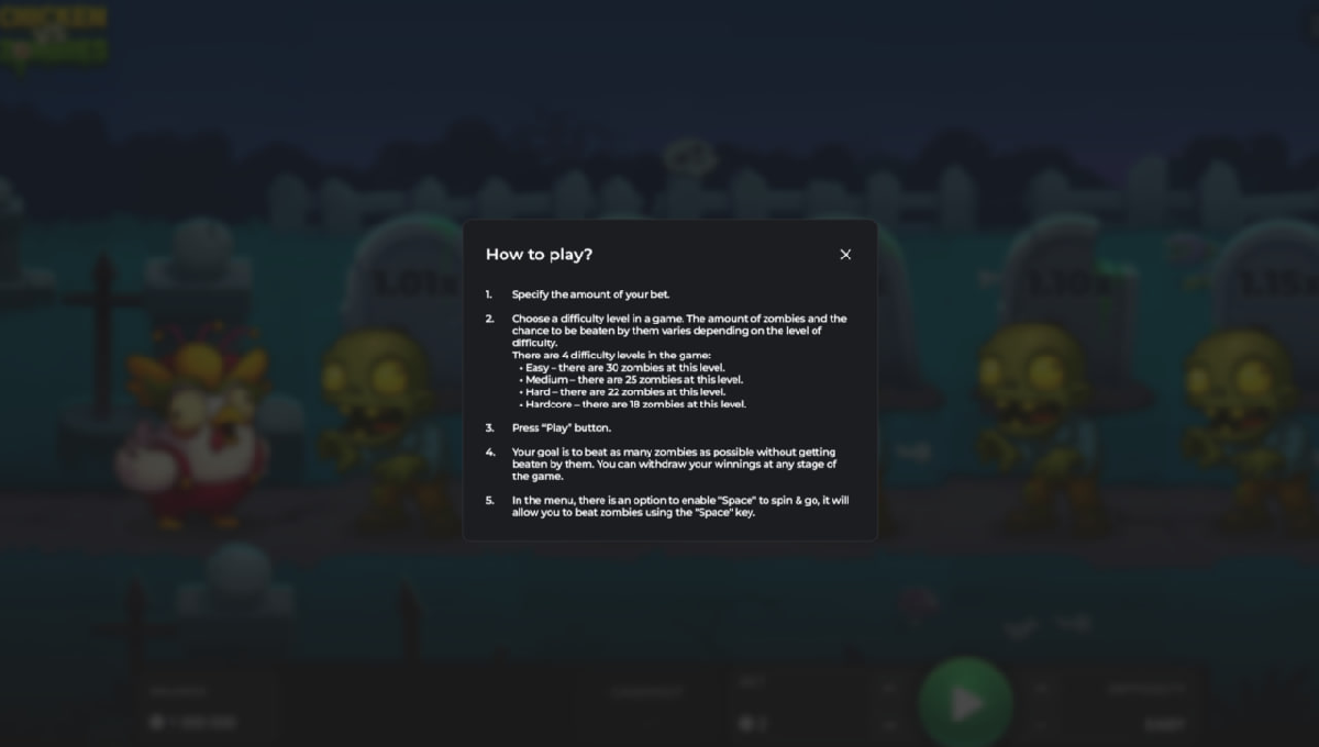 How to play Chicken vs Zombies step by step with manual cash-out mechanics