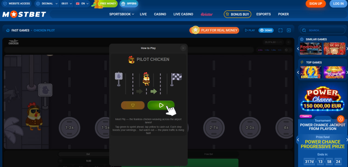 Pilot Chicken how to play screen showing betting panel and movement controls Pilot Chicken how to play screen showing betting panel and movement controls